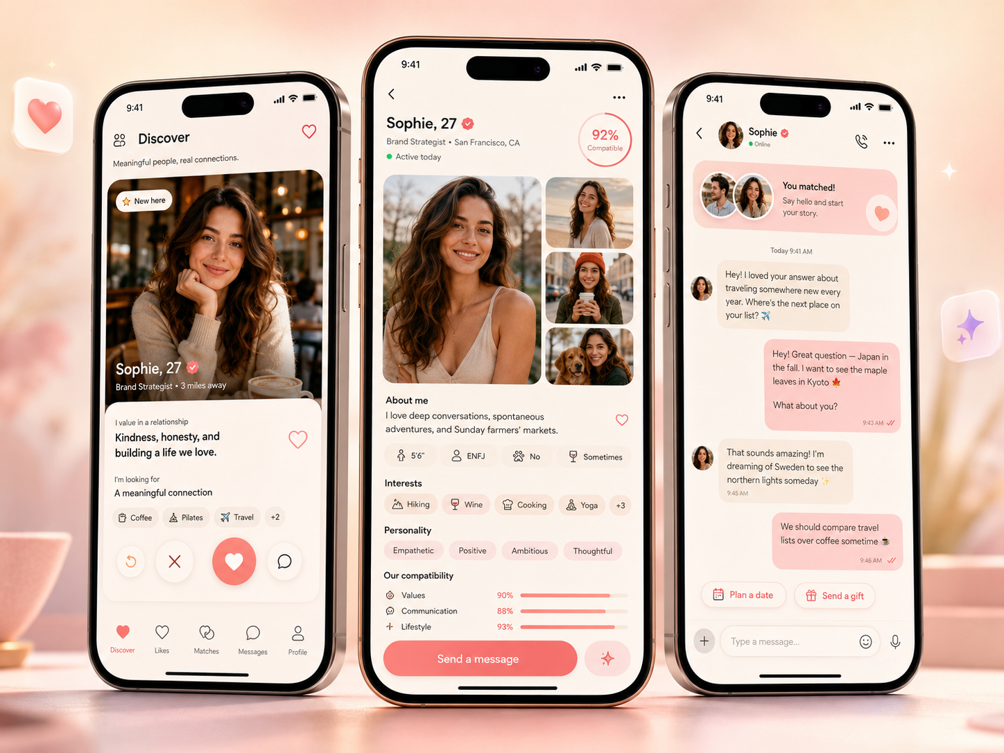 Dating app user screens and admin dashboard