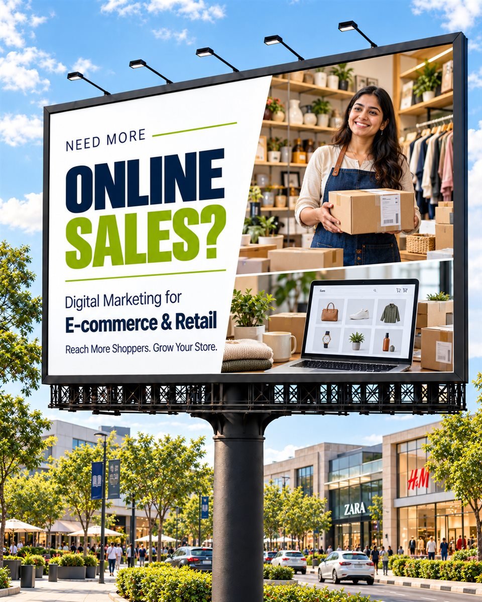 Billboard reading: Need more online sales? Digital marketing for e-commerce and retail