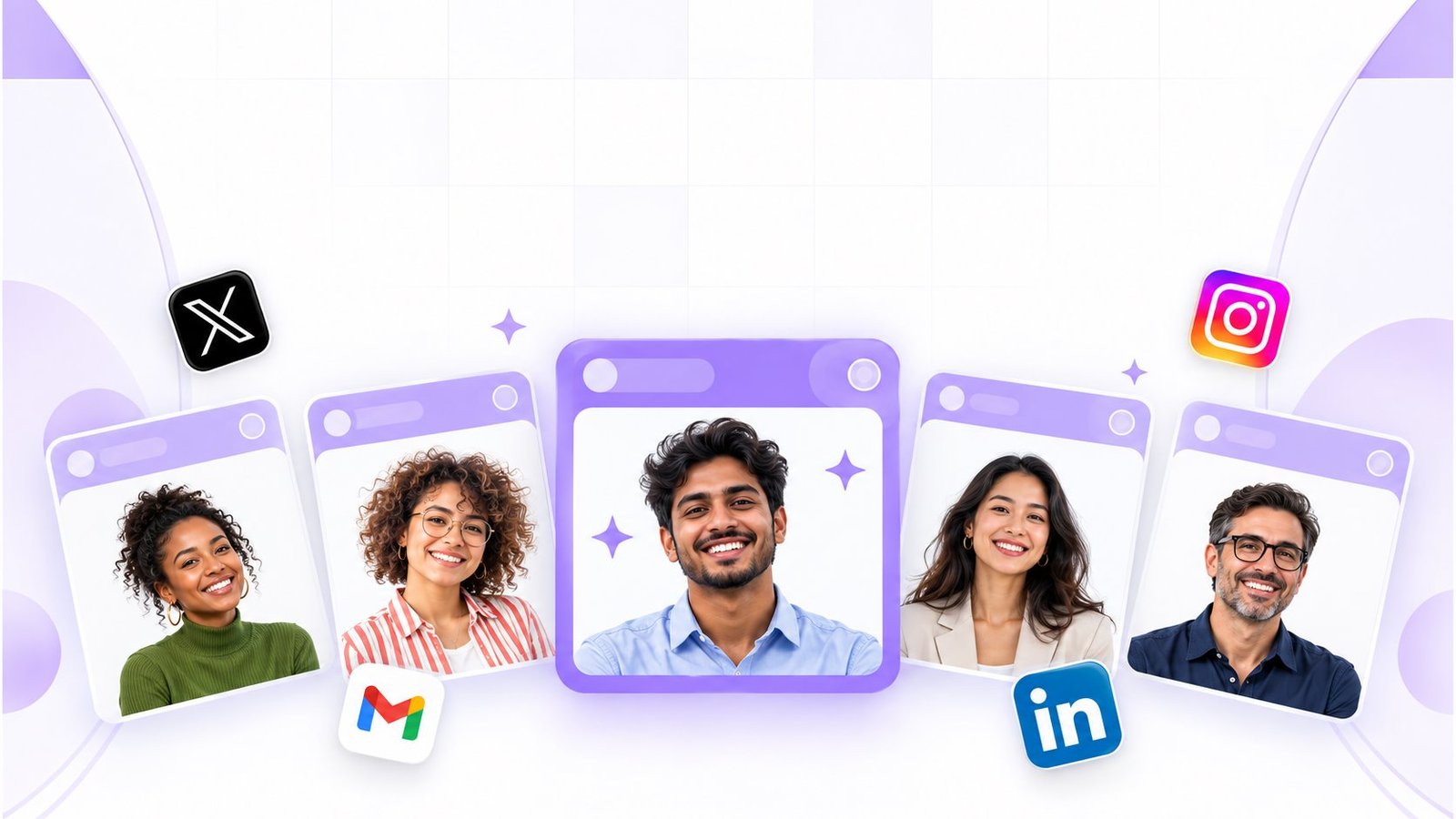 Digital marketing team profile cards surrounded by X, Gmail, LinkedIn and Instagram icons