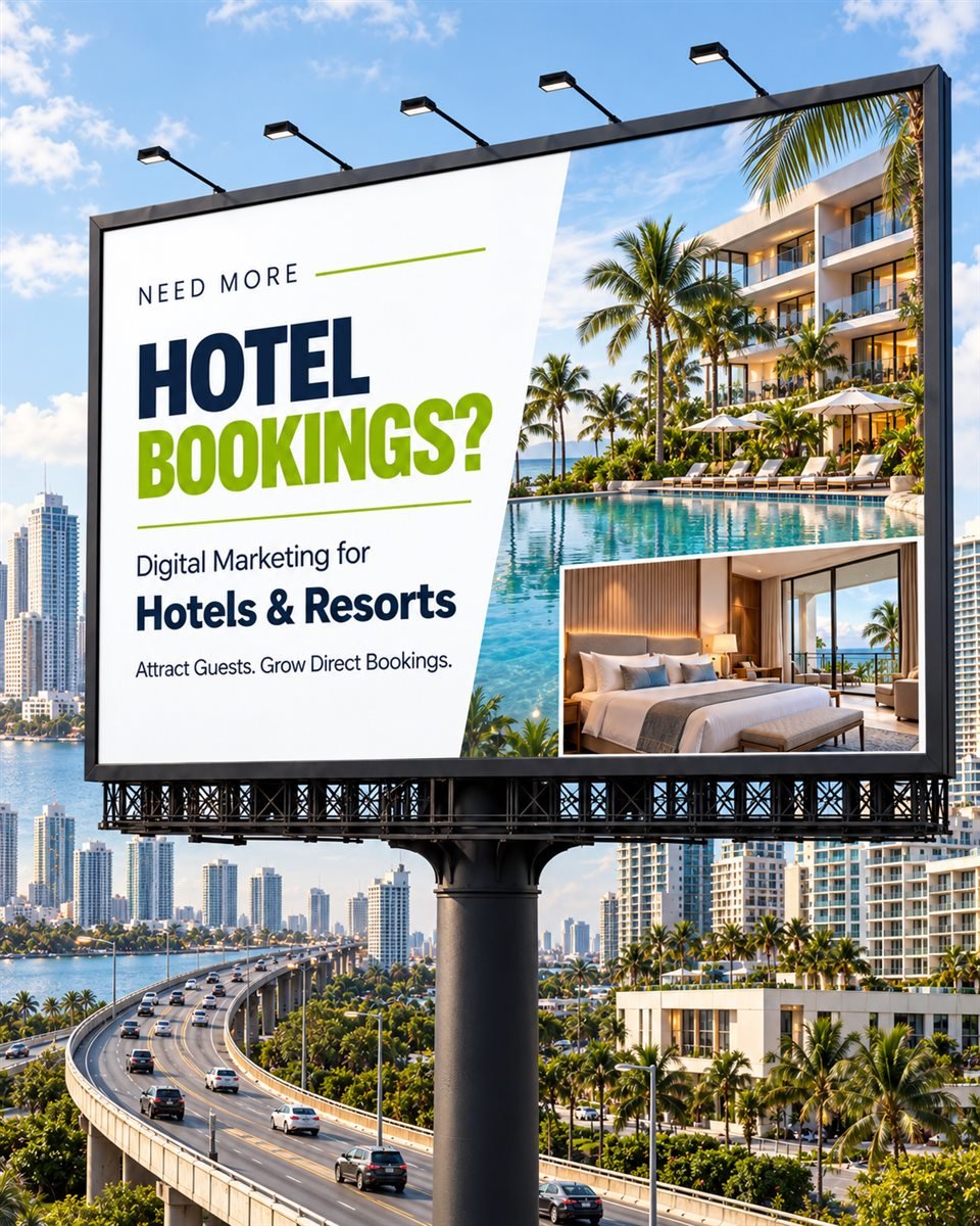 Billboard reading: Need more hotel bookings? Digital marketing for hotels and resorts