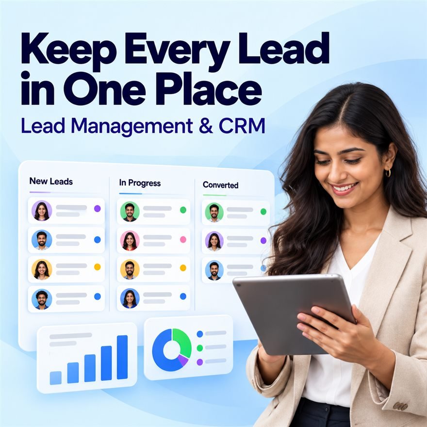 Keep every lead in one place: a CRM board with new, in-progress and converted leads