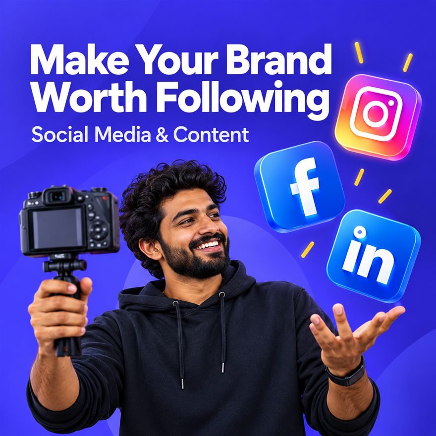 Make your brand worth following: creator with Instagram, Facebook and LinkedIn icons