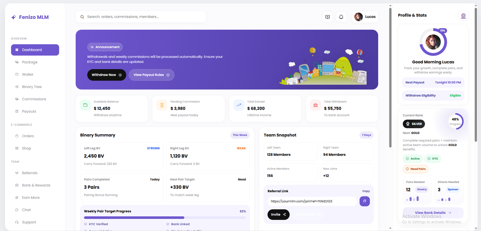 Wallet and payout dashboard preview