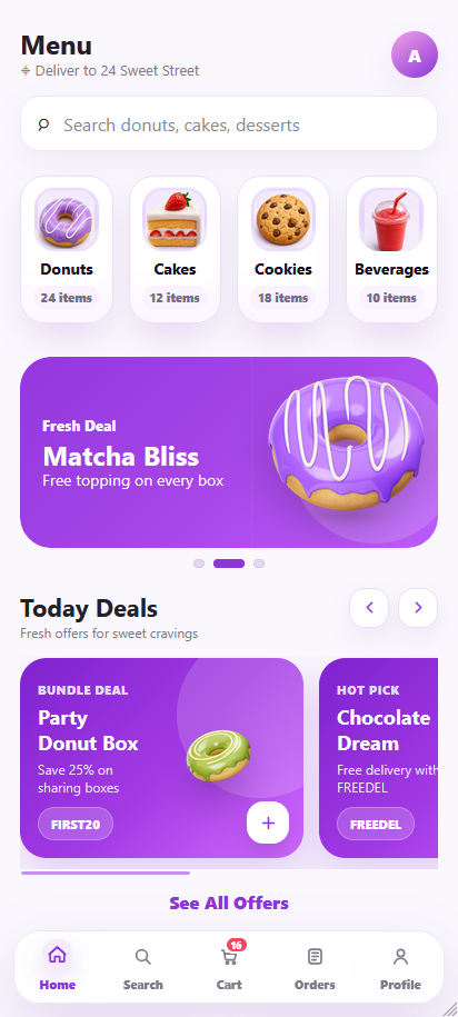 Food delivery app home screen