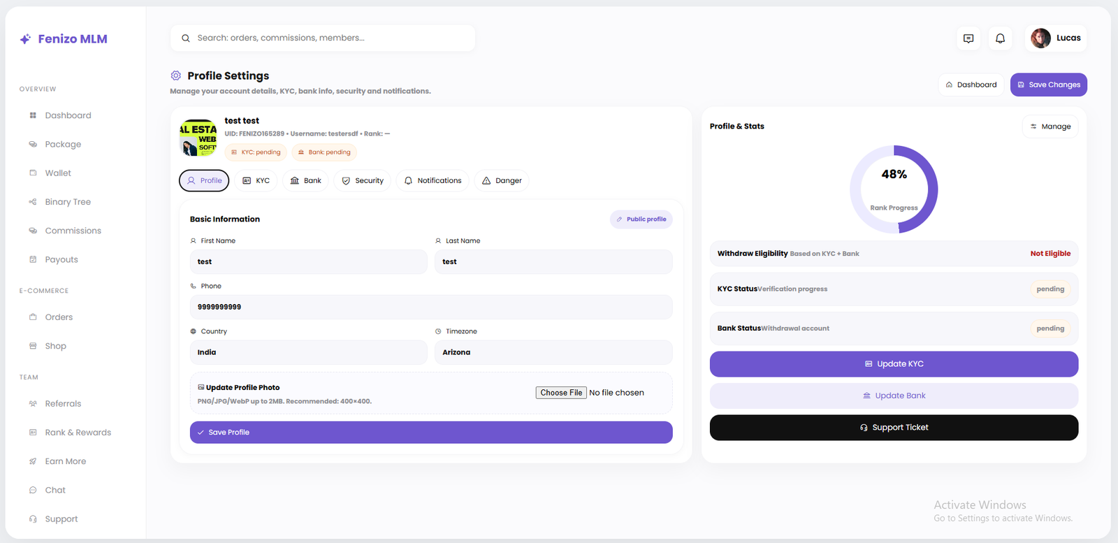 Matrix MLM plan configuration screen