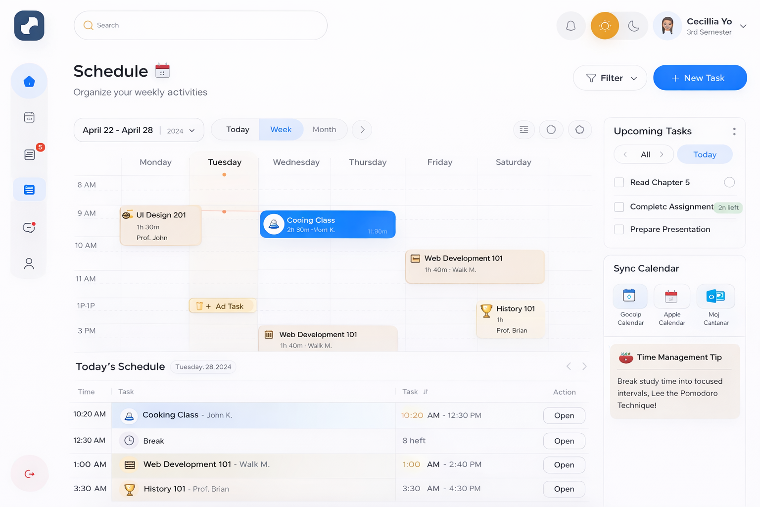 Weekly class schedule preview
