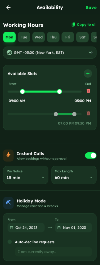 Availability schedule