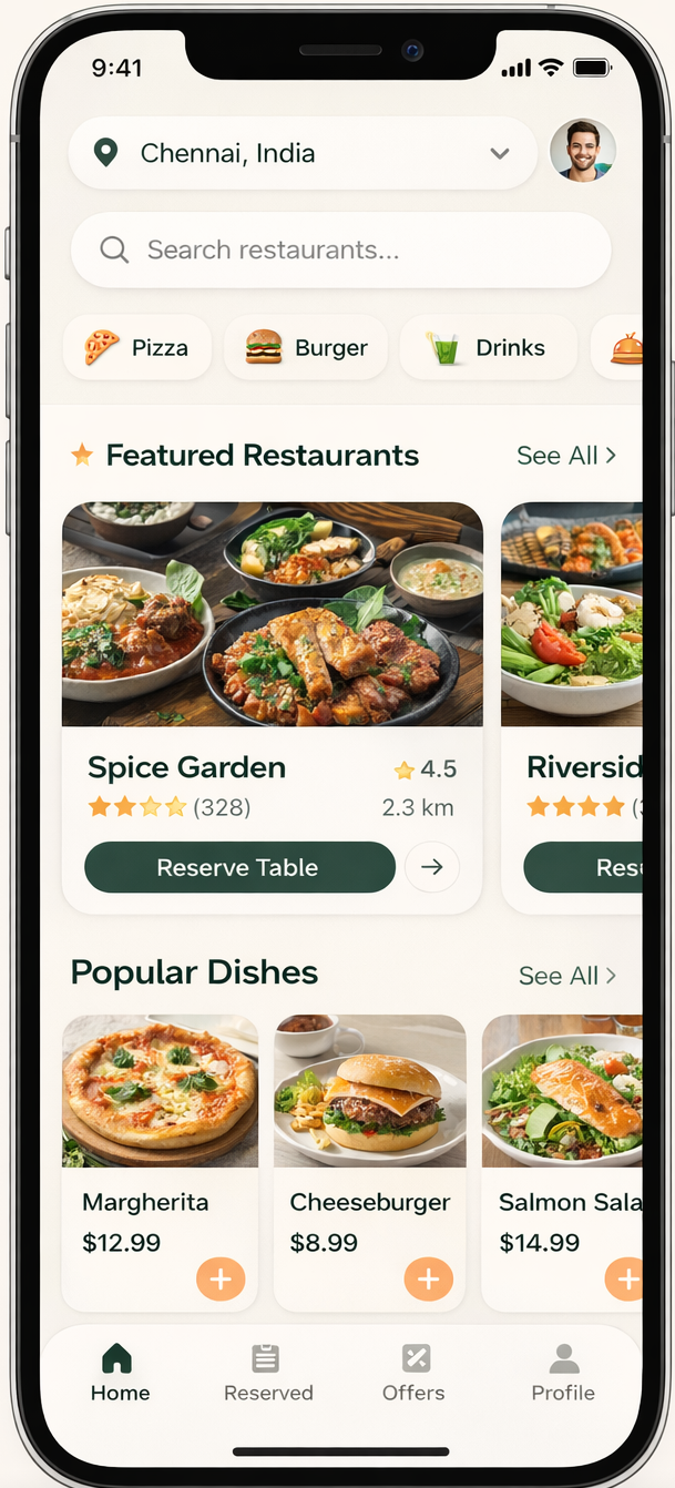 Restaurant reservation customer app screen
