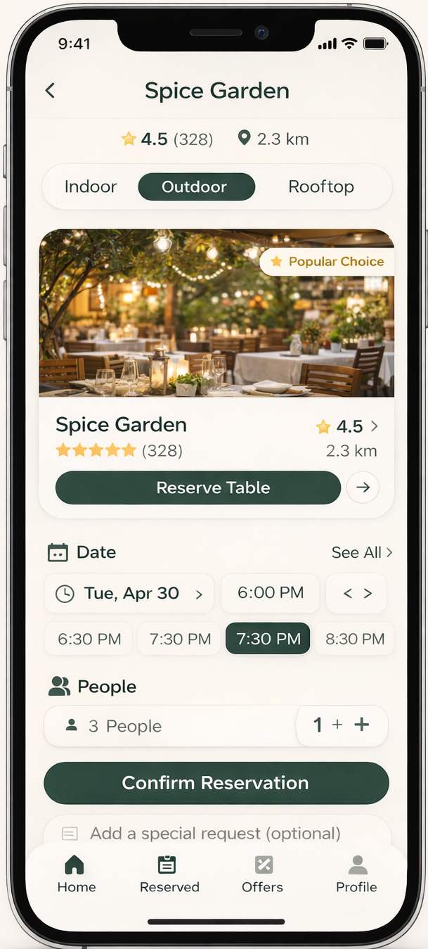Restaurant reservation customer app booking screen